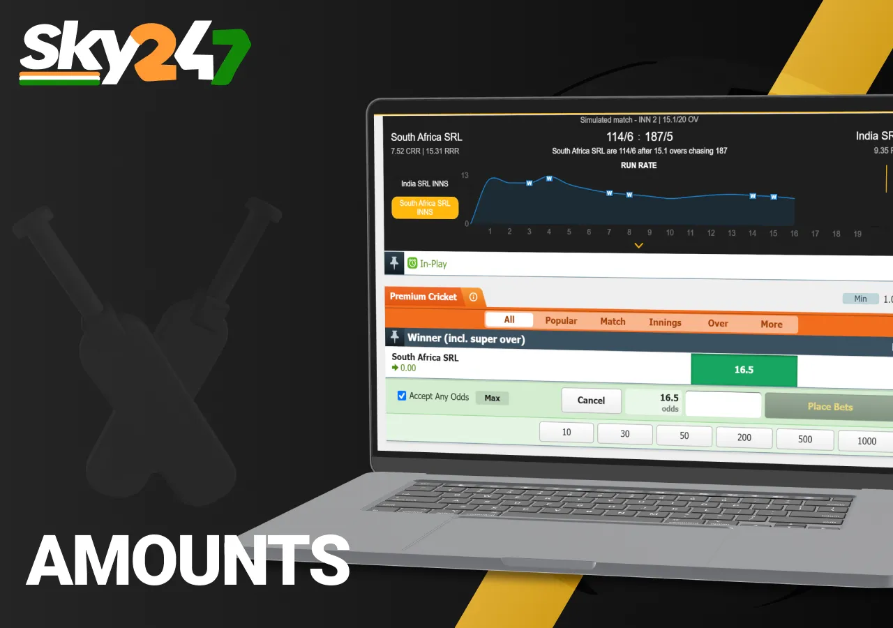 Sky247 allows flexible stake amounts across a wide range of exchange markets.